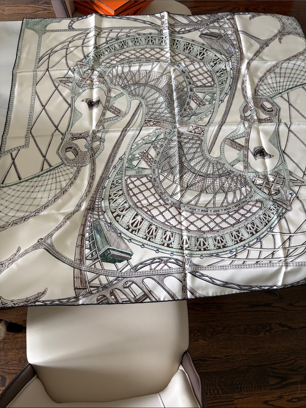 Hermes Ivory, Green & Brown Silk Scarf - Architectural Motif - Picture 2 of 11